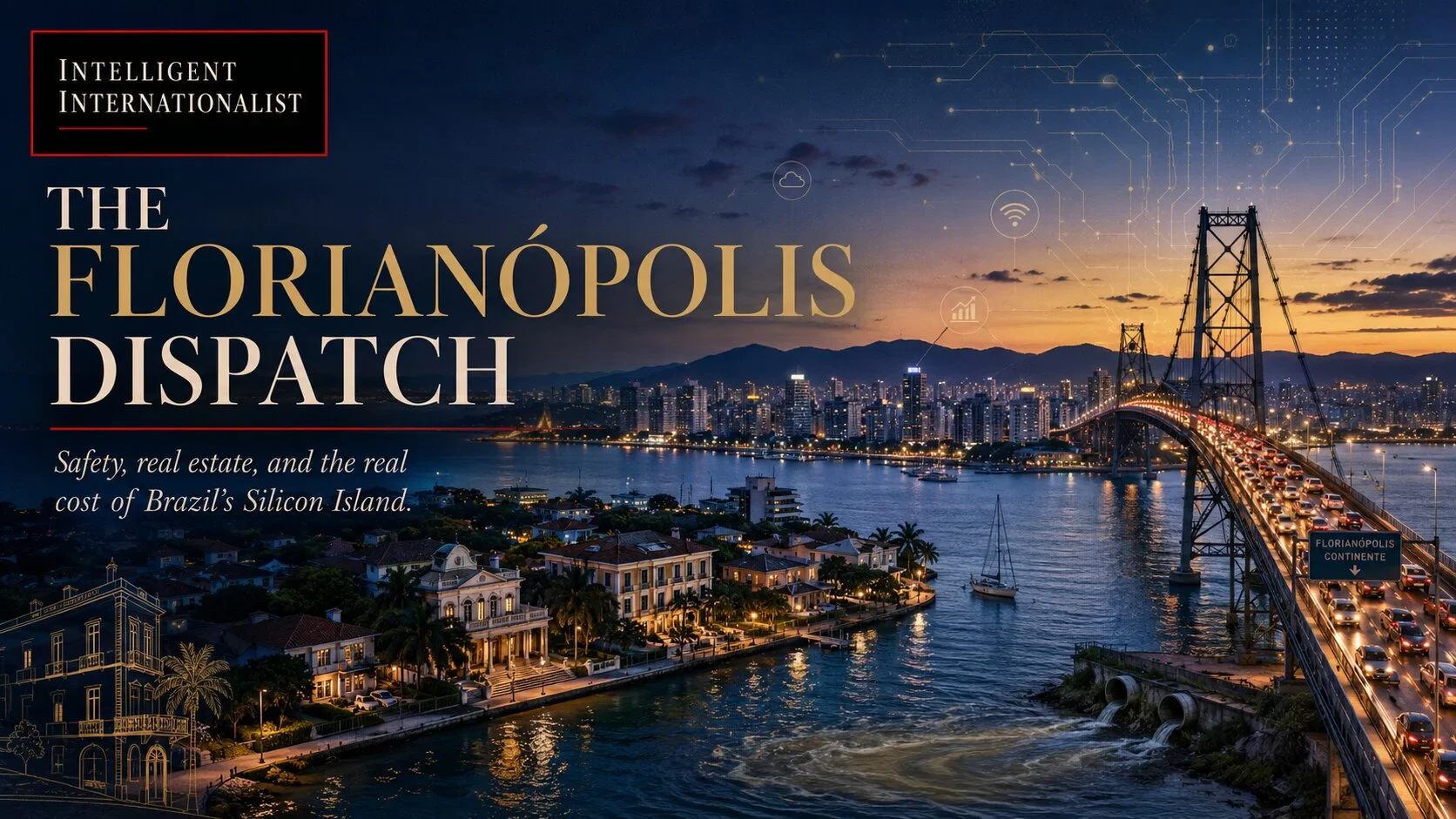 Twilight view of Florianópolis skyline with Hercílio Luz Bridge, circuit board overlay, and tech icons representing Brazil's Silicon Island