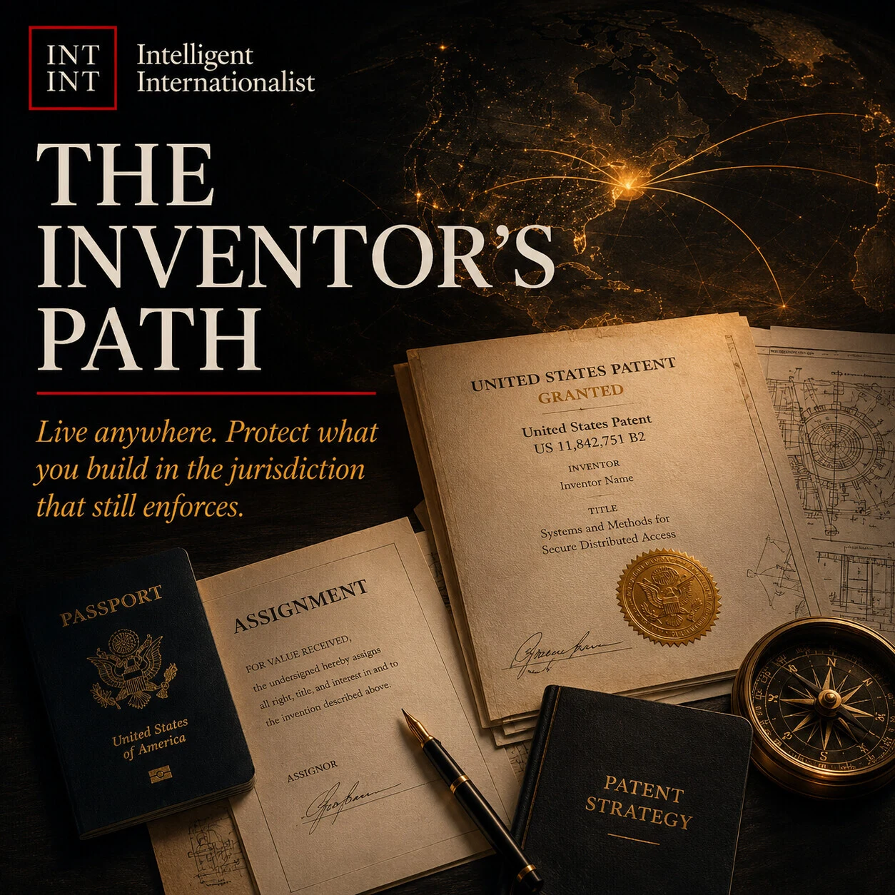 Desk scene with US patent application documents, passport with international stamps, laptop with CAD software, and fountain pen, representing the inventor's global path to US patent protection