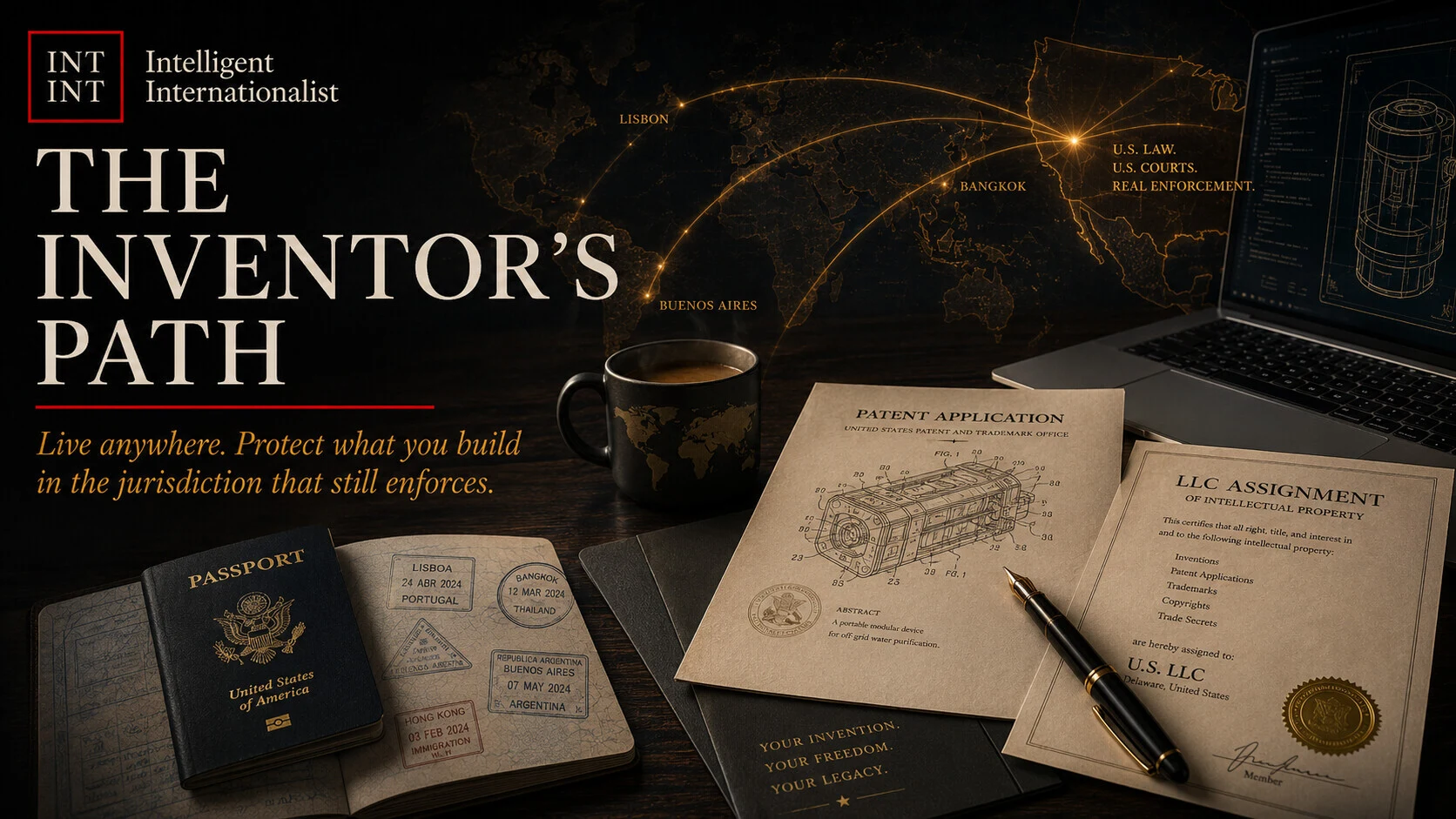 Desk scene with US patent application documents, passport with international stamps, laptop with CAD software, and fountain pen, representing the inventor's global path to US patent protection