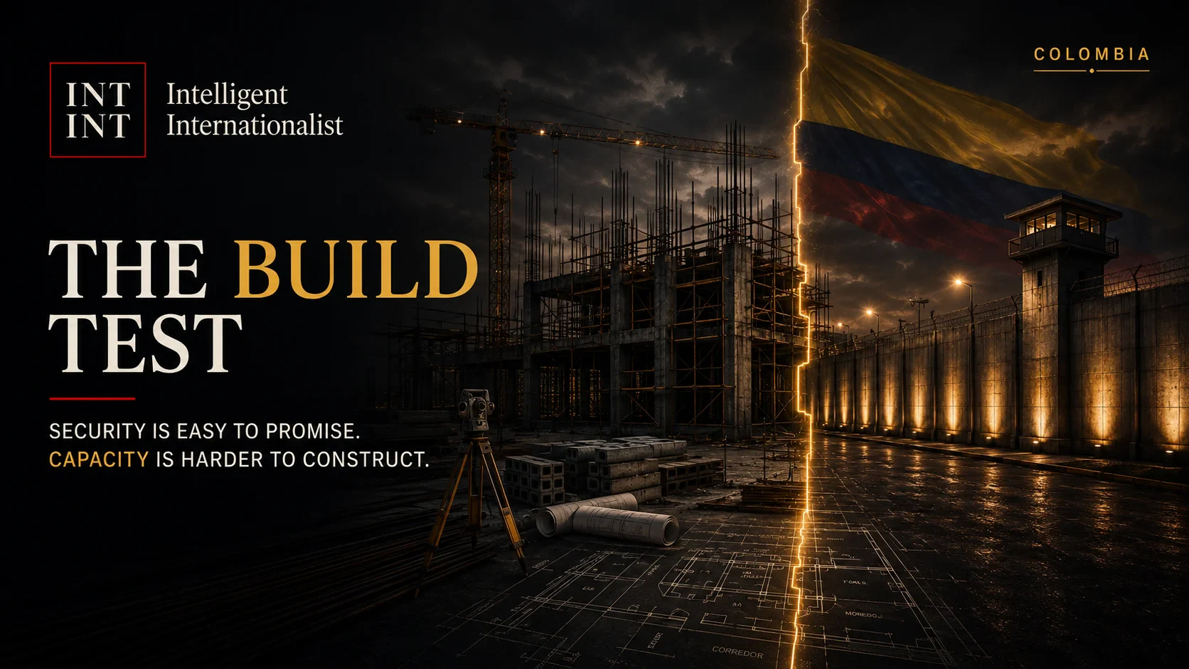 Dark moody construction site beside a prison wall with guard tower, blueprints on the ground, a lightning bolt dividing the scene
