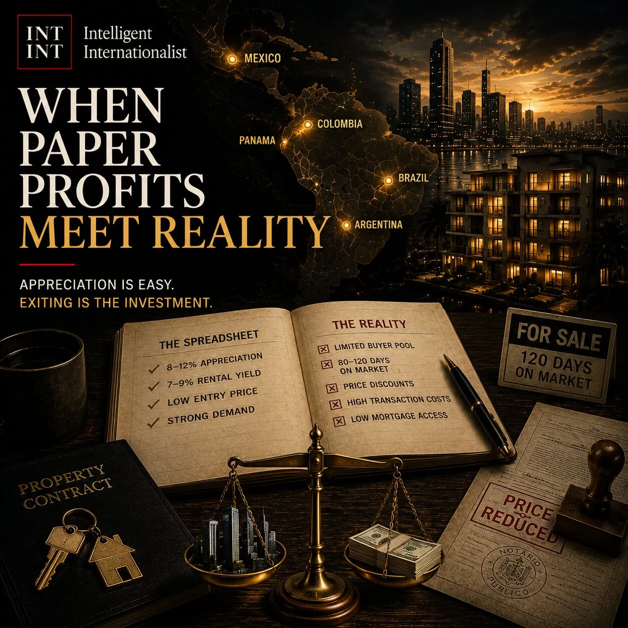 Editorial desk composition contrasting optimistic real estate projections with the practical difficulties of selling property in Latin American emerging markets