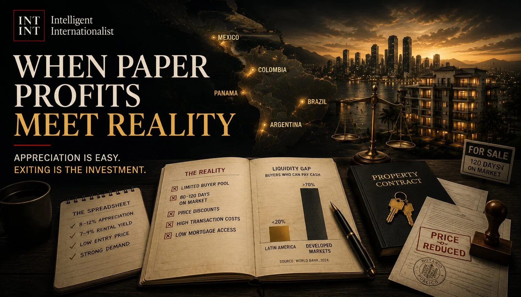 Editorial desk composition contrasting optimistic real estate projections with the practical difficulties of selling property in Latin American emerging markets