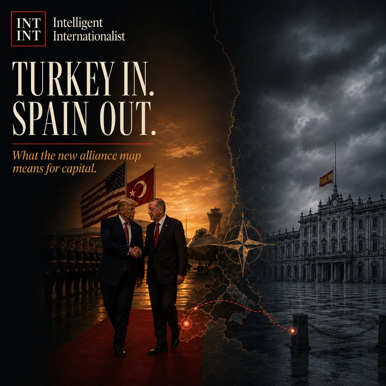 Dramatic split composition showing Trump and Erdogan on a red carpet at Ankara airbase against a stark isolated Spanish plaza, representing the realignment of global alliances