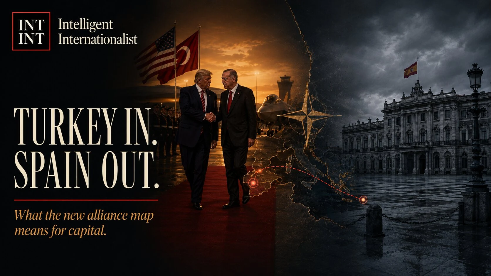 Dramatic split composition showing Trump and Erdogan on a red carpet at Ankara airbase against a stark isolated Spanish plaza, representing the realignment of global alliances