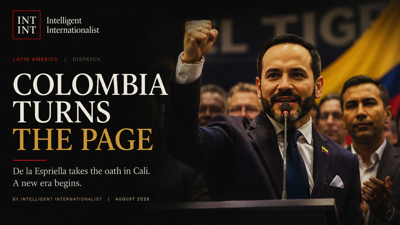 Abelardo de la Espriella taking the oath of office at Santiago de Cali University, with Colombian flag, dark editorial treatment